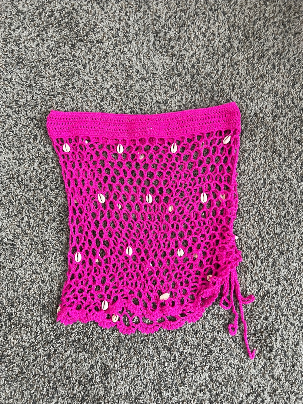 Crochet Hot Pink Bathing Suit Coverup Skirt with Cowrie Shells XL